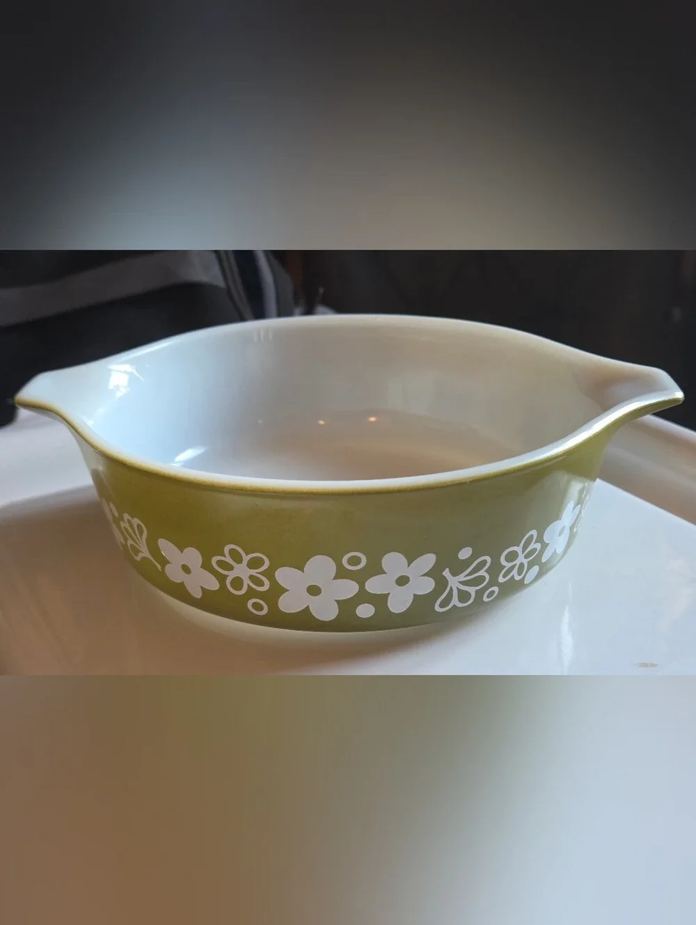 SUPER CUTE Pyrex Spring Blossom Green White Crazy Daisy Casserole 471-B, 1 Pint